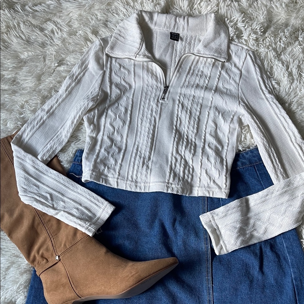 SHEIN White Textured Quarter-Zip Knit Top